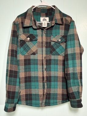Old Mill Teal and Black Plaid Flannel Shirt Jacket Snap Buttons Size Medium